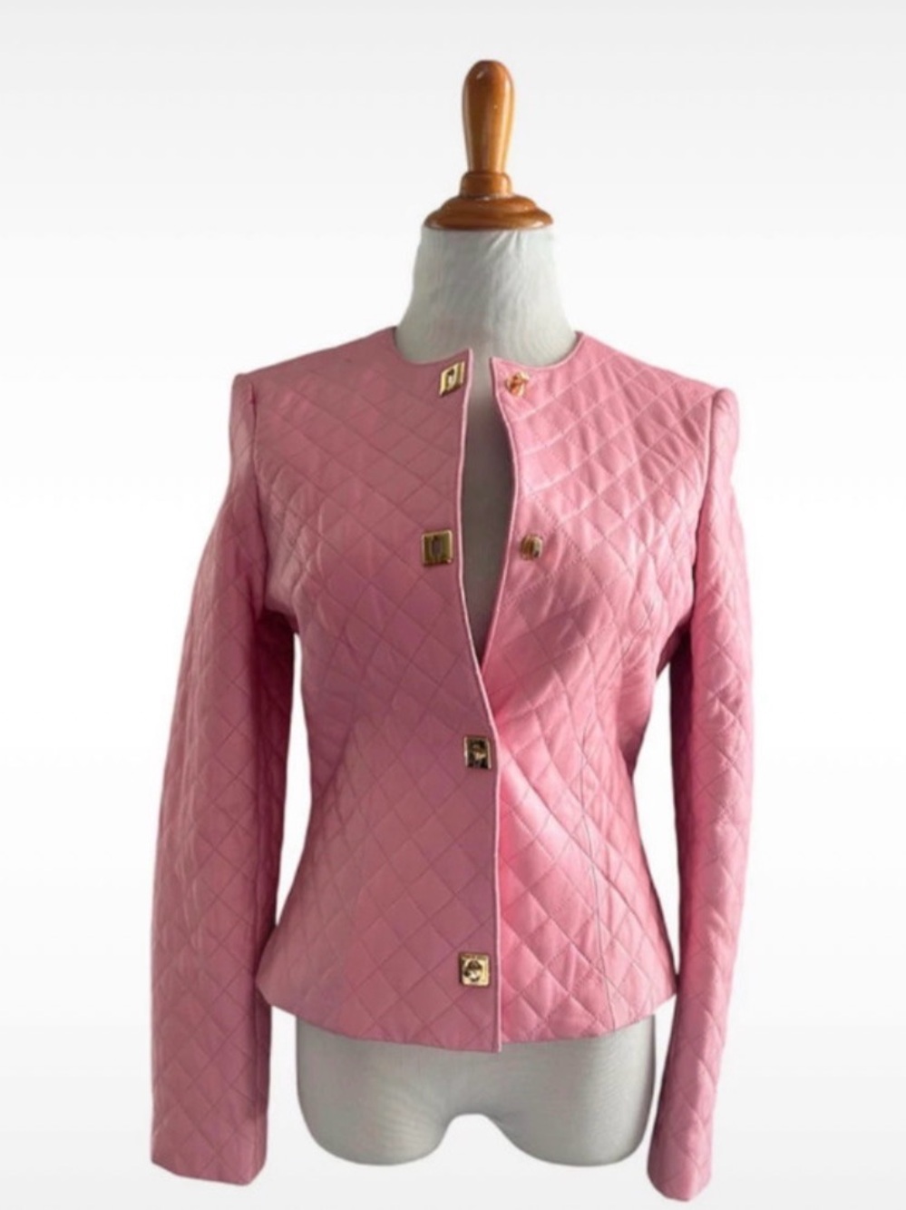 Quilted Pink Women's leather Jacket with Gold Buttons
